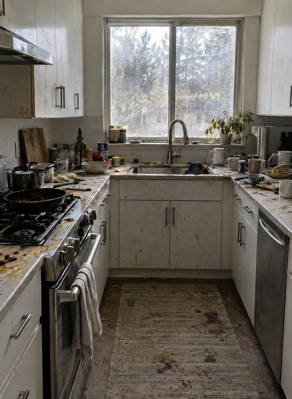 Kitchen comparison: the left half is grimy before cleaning, the right half is sparkling after cleaning