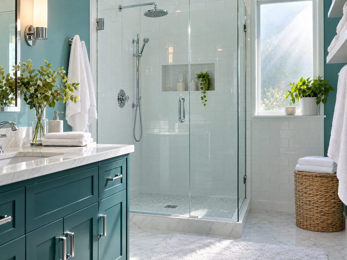 Streak-free glass shower and polished fixtures after a Samson Cleaning deep clean