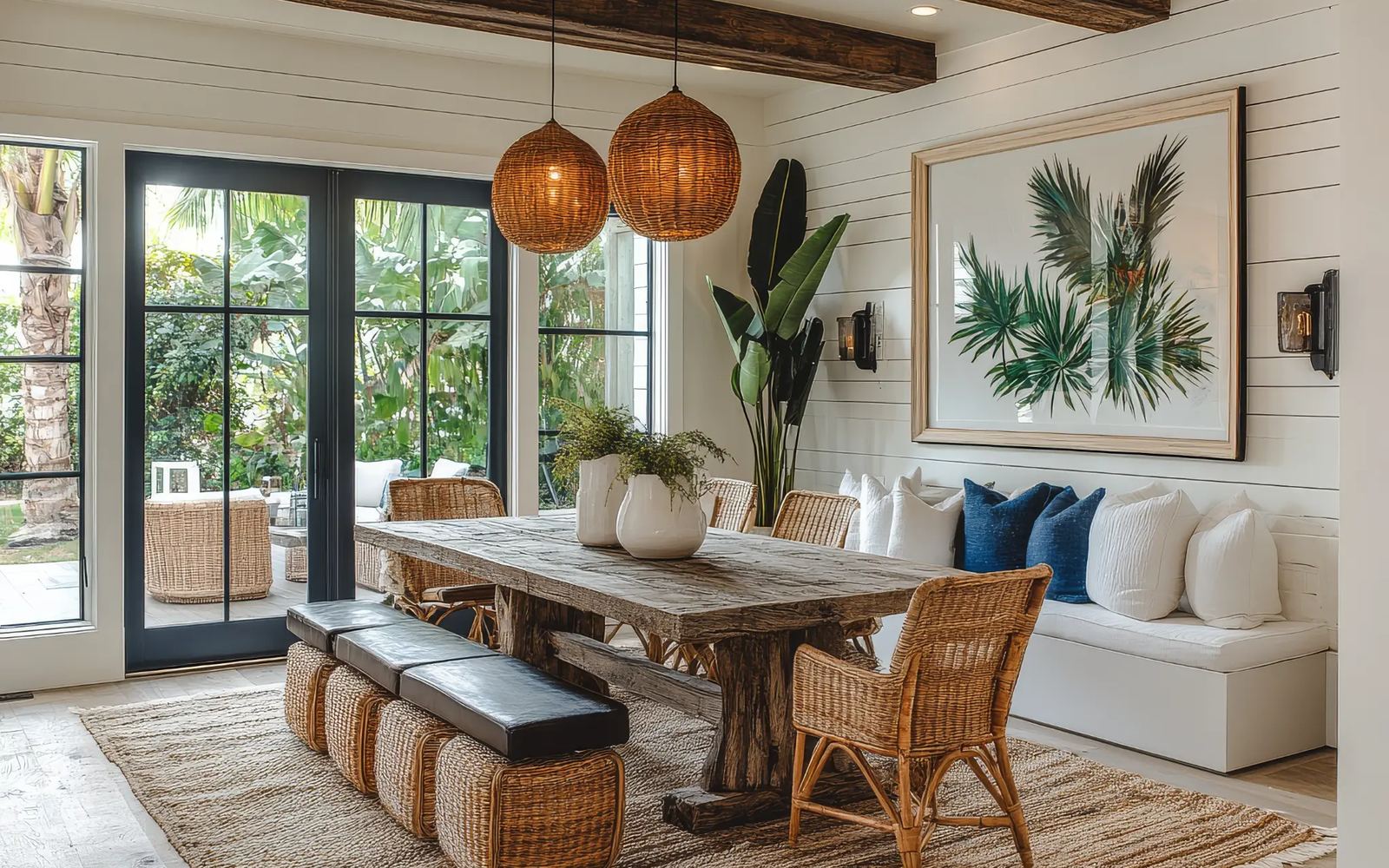 Sunlit Oʻahu dining room with rattan seating, palms and open doors to the garden