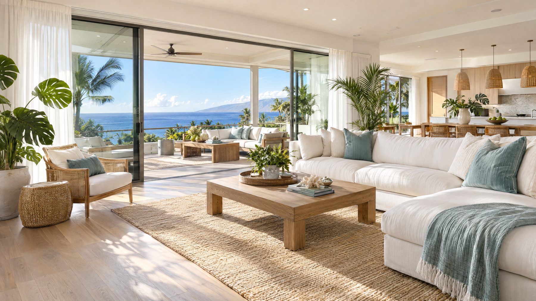 Sunlit, spotless Oʻahu living room with white sofa and ocean view