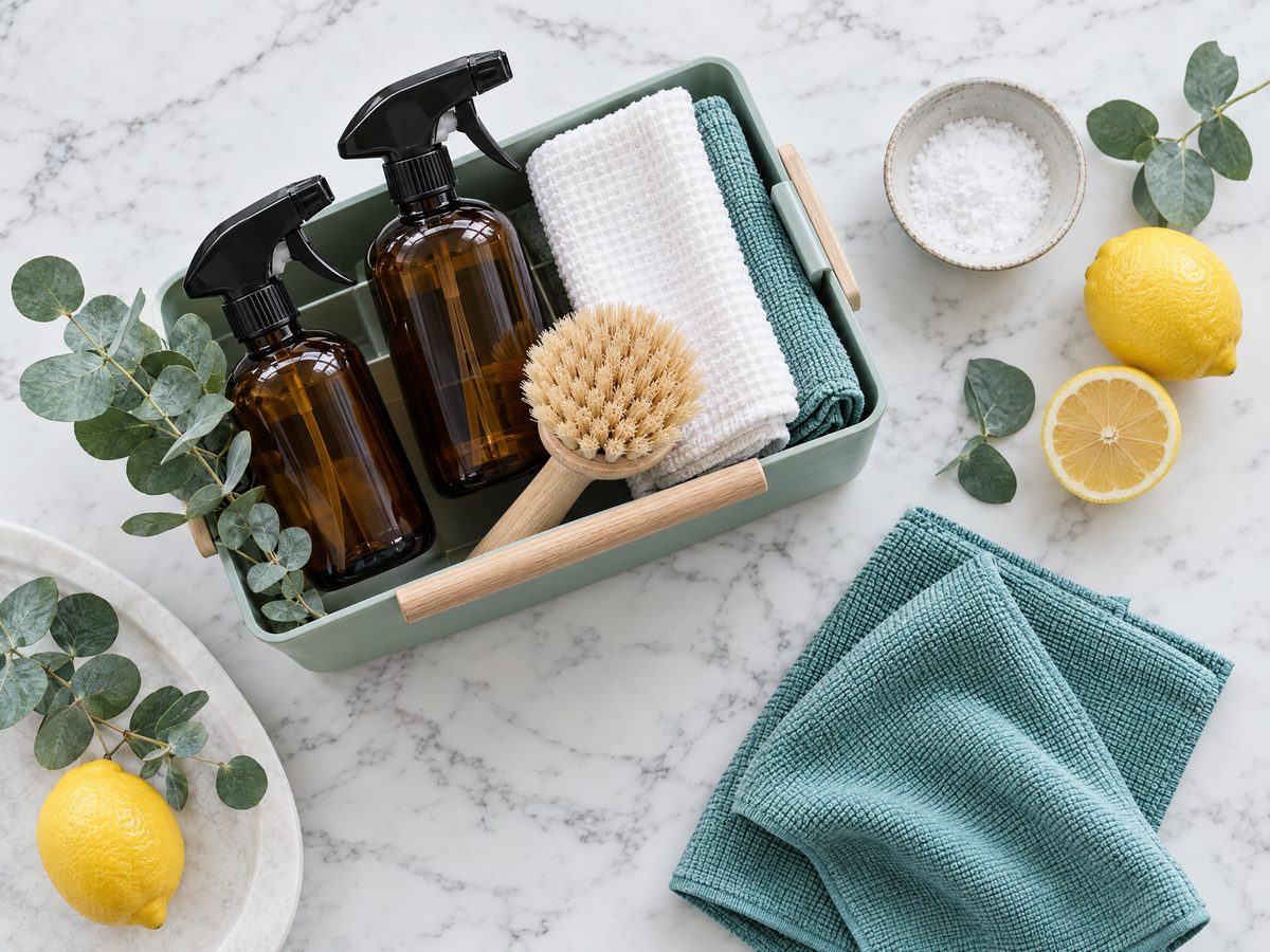 Eco-friendly Samson Cleaning products laid out on a bright countertop