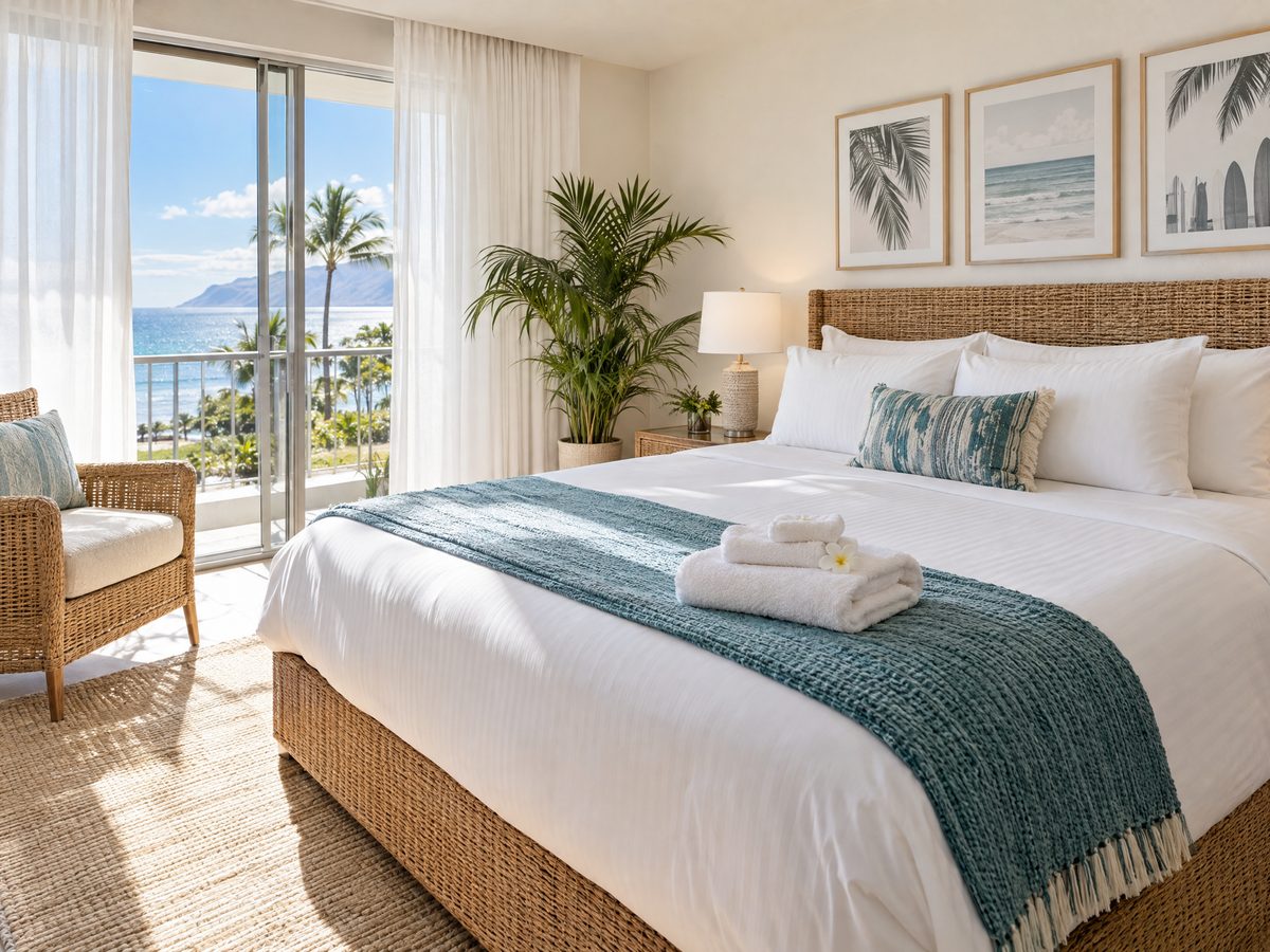 Vacation rental bedroom staged with crisp white linens after a turnover clean